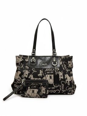 Coach Stagecoach Canvas & Logo Black and Gray Satchel with Matching Wristlet
